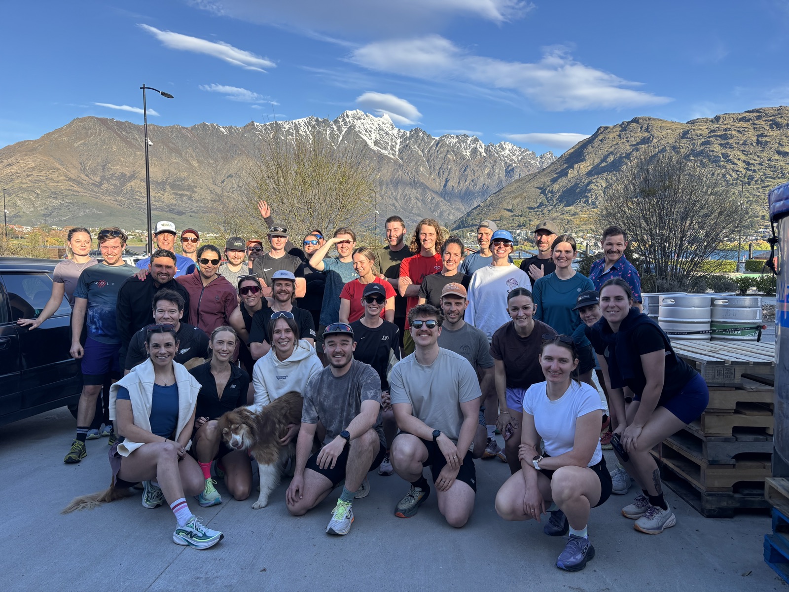 The Wednesday crew outside Altitude Brewing with the Remarkables behind